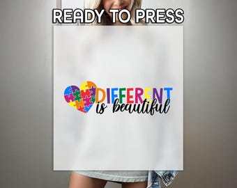 Different Is Beautiful DTF, Autism Heart Print, Heat Press DTF Transfer, Colorful Puzzle Print, Premium DTF Transfer, Autism Awareness Print