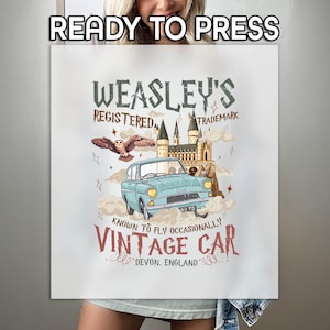 Wizard&#39;s Flying Vintage Car DTF Transfer, Retro Castle Illustration, Magical Gift For Her, Ready To Press Design, Fantasy DTF Print