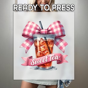 May include: A white t-shirt with a pink and white gingham bow and a glass of iced tea with the text "Sweet Tea" on a pink ribbon.