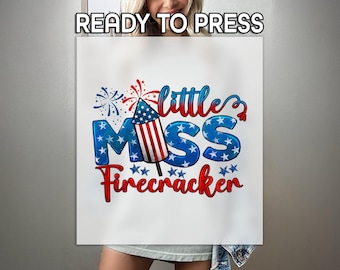 Little Miss Firecracker DTF, Memorial Day Print, Heat Press DTF Transfer, 4th Of July Print, Premium DTF Transfer, American Flag Print