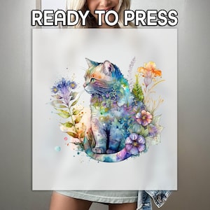 May include: A watercolor painting of a cat surrounded by flowers. The cat is depicted in shades of blue, green, and orange, with a floral design. The flowers are in shades of purple, orange, and pink. The text "READY TO PRESS" is at the top.