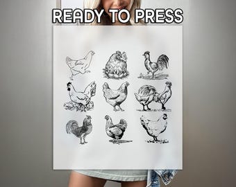 May include: A set of nine black and white illustrations of chickens and roosters. The illustrations are in a vintage style and feature various poses of the birds.