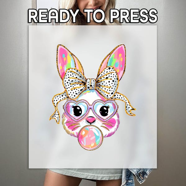 Easter Bunny Ready to Press DTF Transfer, Faux Glitter Print, Heat Press DTF Transfer, Blowing Bubble Rabbit Print, Easter Day DTF