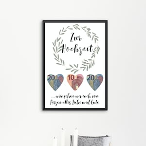 Hochzeitsgeschenk mit Herzen zum Ausdrucken und einrahmen, selbstgemachtes last minute Geldgeschenk für Hochzeit und Brautpaar, Geschenkbild