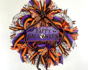 Happy Halloween witch wreath for front door, fall skull deco mesh wreath, spooky autumn halloween door hanger