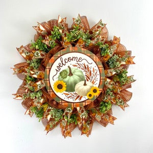 Fall pumpkin welcome wreath for front door, autumn porch decor, Thanksgiving pumpkin door hanger