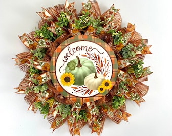 Fall pumpkin welcome wreath for front door, autumn porch decor, Thanksgiving pumpkin door hanger