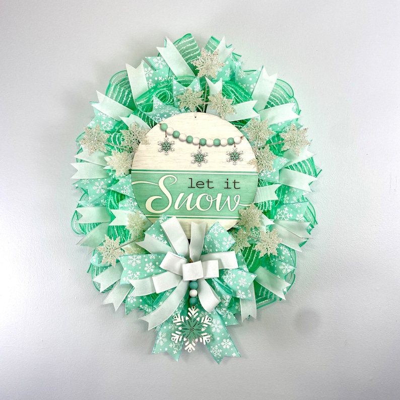 Winter snowflake wreath for front door, seasonal holiday porch decor, christmas winter snowflake door hanger image 1