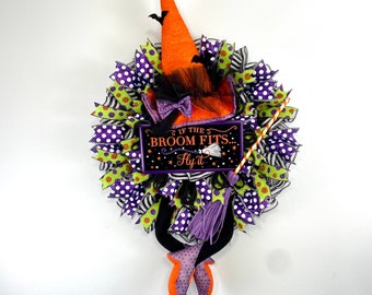 Halloween witch hat wreath for front door, spooky porch decor, scary halloween door hanger, purple black and orange