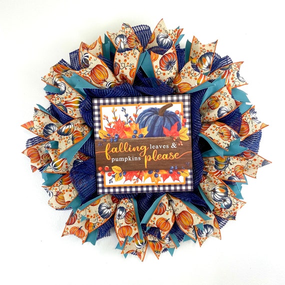 Pumpkin wreath for front door, fall harvest decor, deco mesh autumn wreath