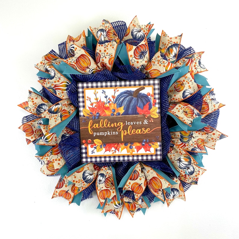 Pumpkin wreath for front door, fall harvest decor, deco mesh autumn wreath image 1