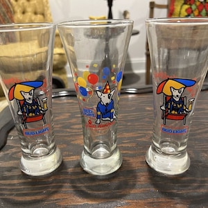 Vintage Spuds MacKenzie Bud Light Tall Beer Glass, 7”Tall Qty 3