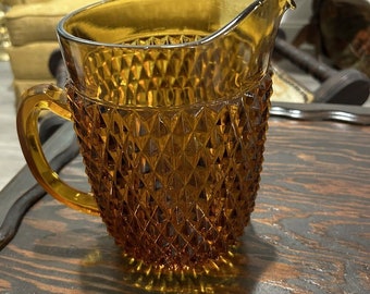 Vintage Indiana Amber Pressed Glass Diamond Point 52 Oz Heavy Pitcher