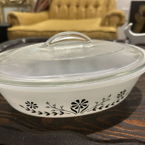 Vintage Milk Glass Ovenware 1 Qt. Oval Casserole Dish 235 Green Flowers With Lid