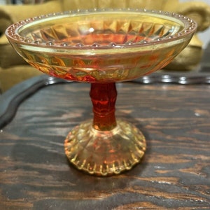 Vintage Amberina Glass Candy Dish Compote Jeanette Windsor Diamond Pattern