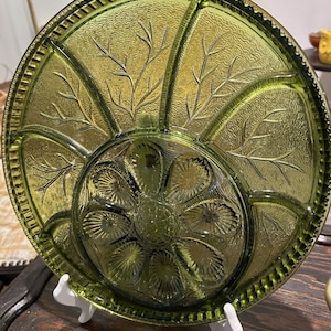 Vintage Indiana Glass Tree Of Life Olive Green Deviled Egg Relish Tray/Plate MCM