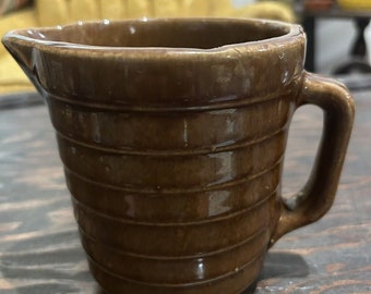 Unique Vintage Glazed Ribbed Stoneware Brown Pitcher 5" Tall Possibly McCoy ?