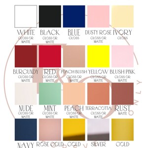 Peut inclure: Un nuancier de couleurs acryliques, comprenant blanc, noir, bleu, rose poudr&eacute; et ivoire. Chaque couleur est pr&eacute;sent&eacute;e dans un carr&eacute; avec des options de finition brillante ou mate. Couleurs personnalis&eacute;es disponibles sur demande.