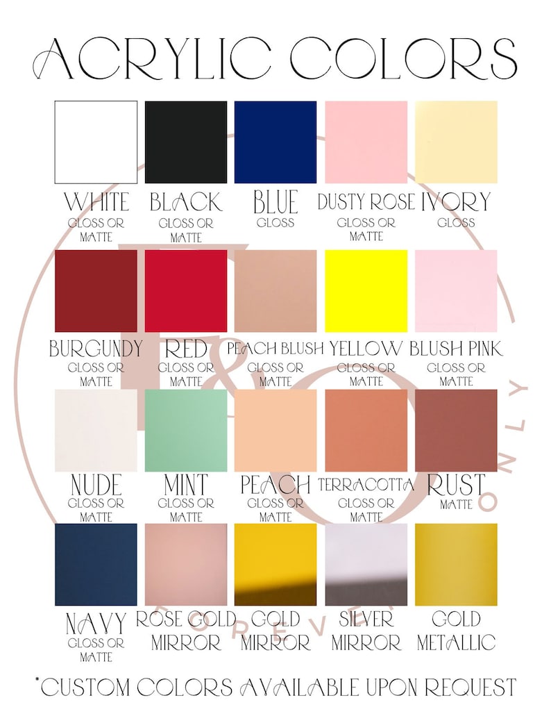 Peut inclure: Un nuancier de couleurs acryliques, comprenant blanc, noir, bleu, rose poudr&eacute; et ivoire. Chaque couleur est pr&eacute;sent&eacute;e dans un carr&eacute; avec des options de finition brillante ou mate. Couleurs personnalis&eacute;es disponibles sur demande.