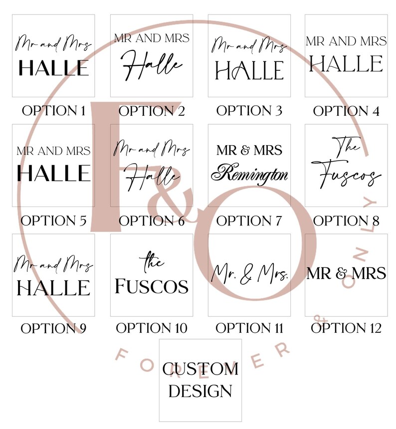Peut inclure: Plusieurs options de design pour des faire-part de mariage, pr&eacute;sentant diverses polices et mises en page. Les designs incluent des phrases comme &laquo;&nbsp;Mr and Mrs&nbsp;&raquo; et des noms de famille, avec des options num&eacute;rot&eacute;es de 1 &agrave; 12. Une option &laquo;&nbsp;Custom Design&nbsp;&raquo; est &eacute;galement disponible.