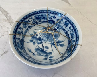 Blue and White Japanese Kintsugi Bowl