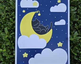 Kitty in the Clouds | Cat Art Print | 5"x7" Art Print | Cute Art Print | Kawaii Art Print | Moon Art Print | Illustrated Art Print