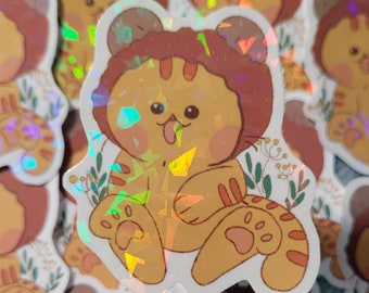 Teddy Kitty vinyl sticker | holographic sticker | vinyl die cut sticker | weatherproof sticker | cute sticker | kawaii sticker | cat sticker