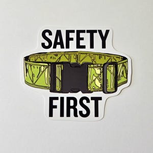 May include: A sticker featuring a green and black safety belt with a black buckle. The words "SAFETY FIRST" are printed in bold black letters above and below the belt illustration, respectively. The sticker has a white background.