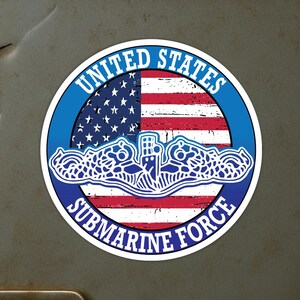 Pegatina redonda "Delfines blancos con bandera estadounidense" del Servicio Silencioso de la Fuerza Submarina de los Estados Unidos