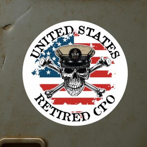 United States Retired CPO Skull Crossbones Chief Petty Officer with Distressed American Flag Master Round Sticker