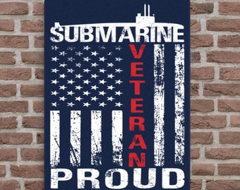 Submarine Veteran Proud Distressed White USA Flag on Blue Thin Canvas