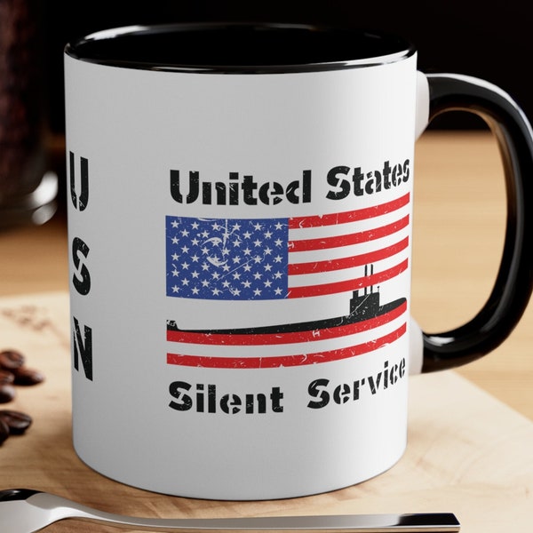 USA-U-Boot-Flagge Silent Service Distressed White Glossy Akzent Kaffeetasse