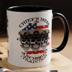 Chief's Mess Anchored Tradition CPO Sailor Skull's with Distressed USA Flag Accent Coffee Mug