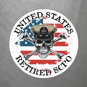 United States Retired SCPO Skull Crossbones Senior Chief Petty Officer with Distressed American Flag Master Round Sticker