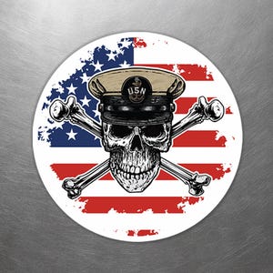 Naval Senior Chief SCPO Skull & Crossbones on American Flag Round Sticker