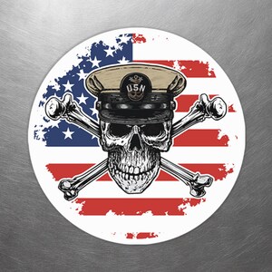 Naval Master Chief MCPO Skull & Crossbones on American Flag Round Sticker