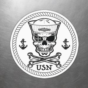 Pegatina redonda de la Fuerza Submarina de Estados Unidos con calavera y huesos cruzados, marinero, delfines y anclas