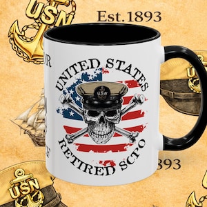 United States Retired SCPO Skull Crossbones Senior Chief with Distressed American Flag Accent Coffee Mug