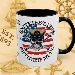 United States Retired MCPO Skull Crossbones Master Chief with Distressed American Flag Accent Coffee Mug