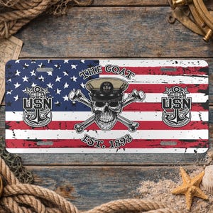 US Naval Master Chief Skull & Crossbones The Goat Est. 1893 MCPO Anchors Military Veteran Pride Vanity License Plate