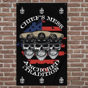 Chief&#39;s Mess Anchored Tradition CPO Sailor Skull&#39;s with Distressed USA Flag on Black Flag
