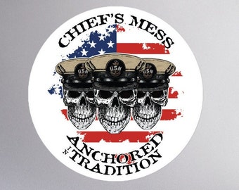 Chief's Mess Anchored Tradition CPO Sailor Skulls on Distressed USA Flag Round Stickers