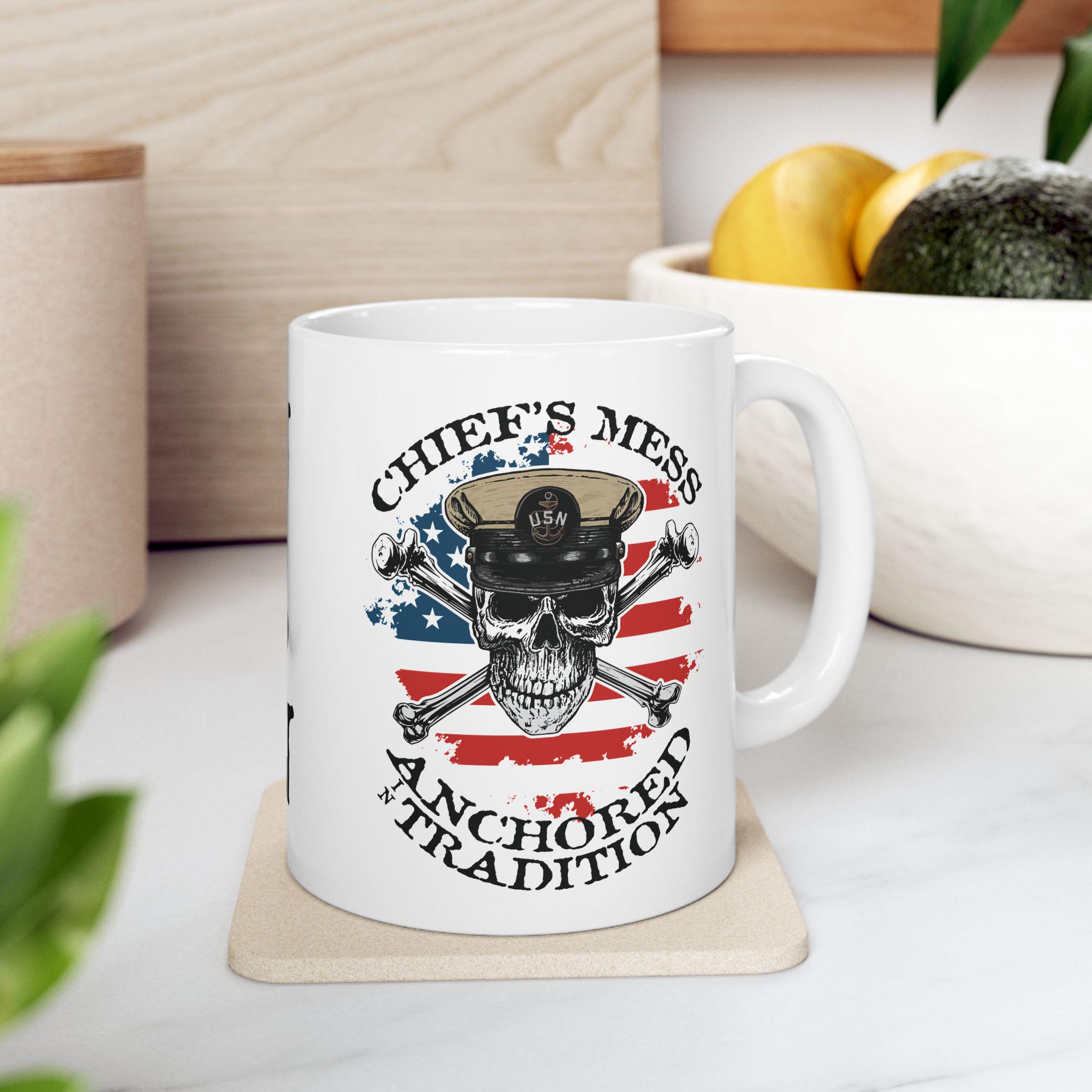 Chief's Mess Anchored Tradition CPO Skull Crossbones Sailor on Distressed  USA Flag White Coffee Mug - Etsy