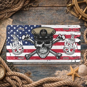 Naval Senior Chief Skull & Crossbones on American Flag Vanity License Plate