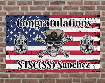 Naval CPO Skull & Crossbones Congratulations Personalized Chief Select Distressed USA Flag