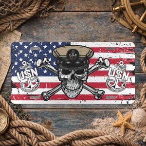 Naval Chief Skull & Crossbones on American Flag Vanity License Plate