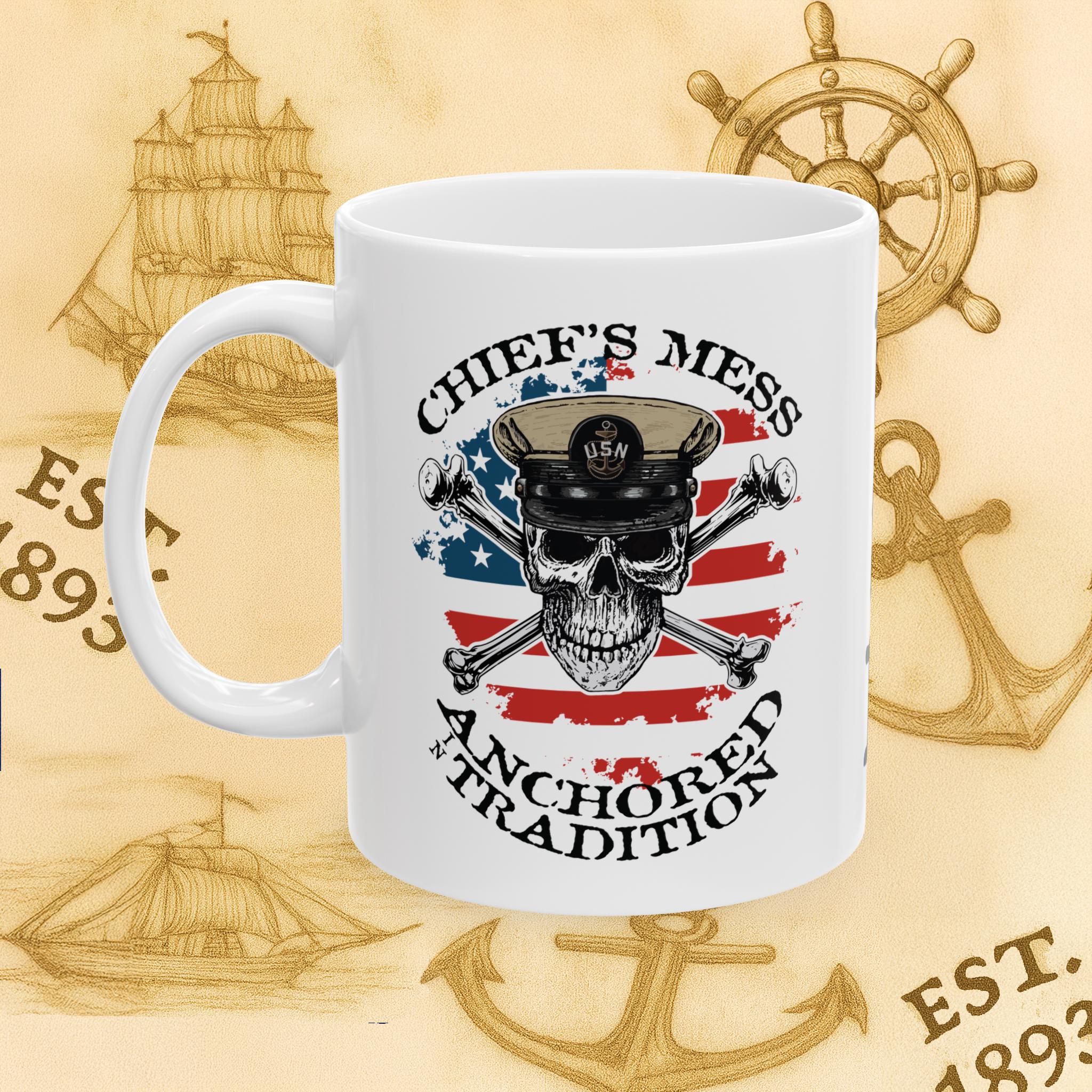 Chief's Mess Anchored Tradition CPO Skull Crossbones Sailor on Distressed  USA Flag White Coffee Mug - Etsy