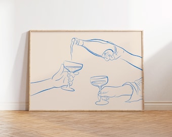 Champagner gießen Druck | Blaue Linie, Bar Dekor, Bar Dekor (Instant Download)