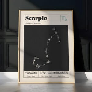 May include: A framed wall art print featuring the Scorpio zodiac sign. The design includes the text Scorpio, the dates October 23 - November 21, the Scorpio symbol, a star constellation map on a black background, and descriptive keywords.