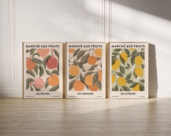 Peaches Oranges & Lemons Art Print Bundle | Fruit Market Print | Abstract Wall Art | Botanical Poster | Printable Kitchen Art | Boho Artwork